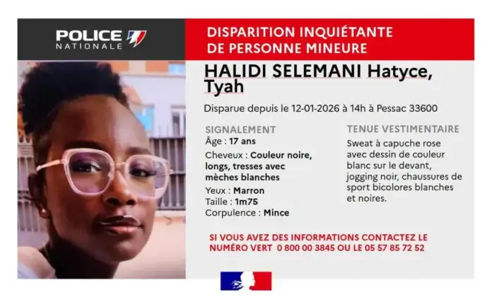 Pessac : Hatyce Halidi Selemani, 16 ans, portée disparue depuis le 12 janvier Pessac : Hatyce Halidi Selemani, 16 ans, portée disparue depuis le 12 janvier