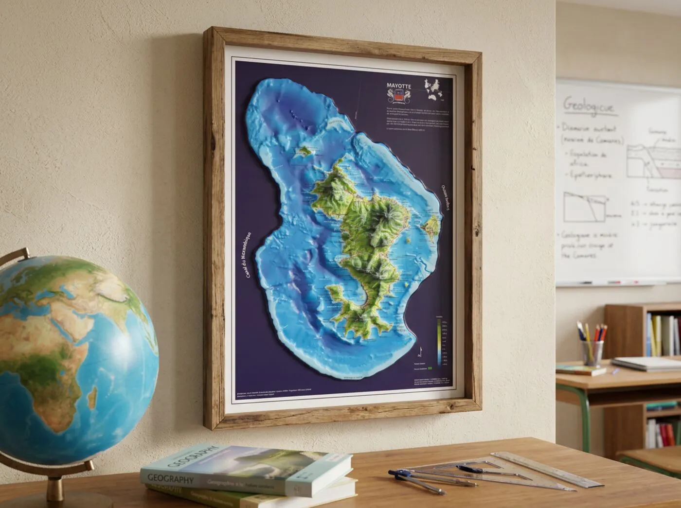 La carte de Mayotte encadrée dans une salle de classe, à côté d'un globe