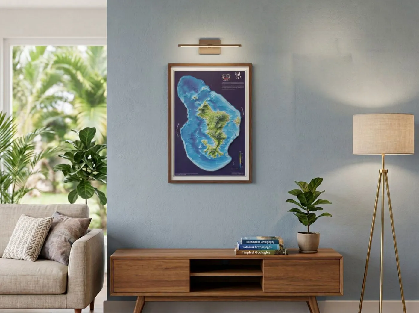 La carte de Mayotte encadrée sur le mur d'un salon lumineux